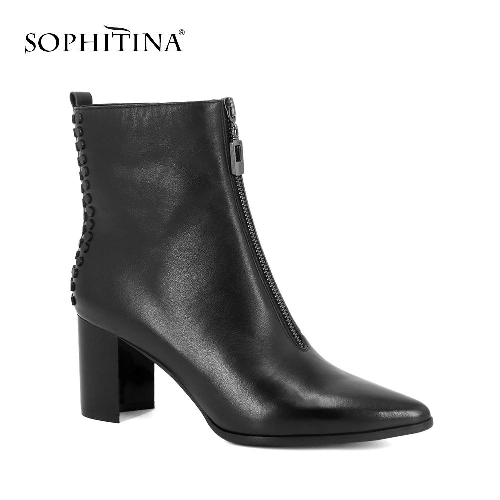 SOPHITINA/ Ботильоны женские демисезонные. Ботинки высококачественные из натуральной кожи с молниями и фурнитурами. Обувь теплая повседневная с острым носком на высоком квадратном каблуке. Стильная обувь для женщин.B90