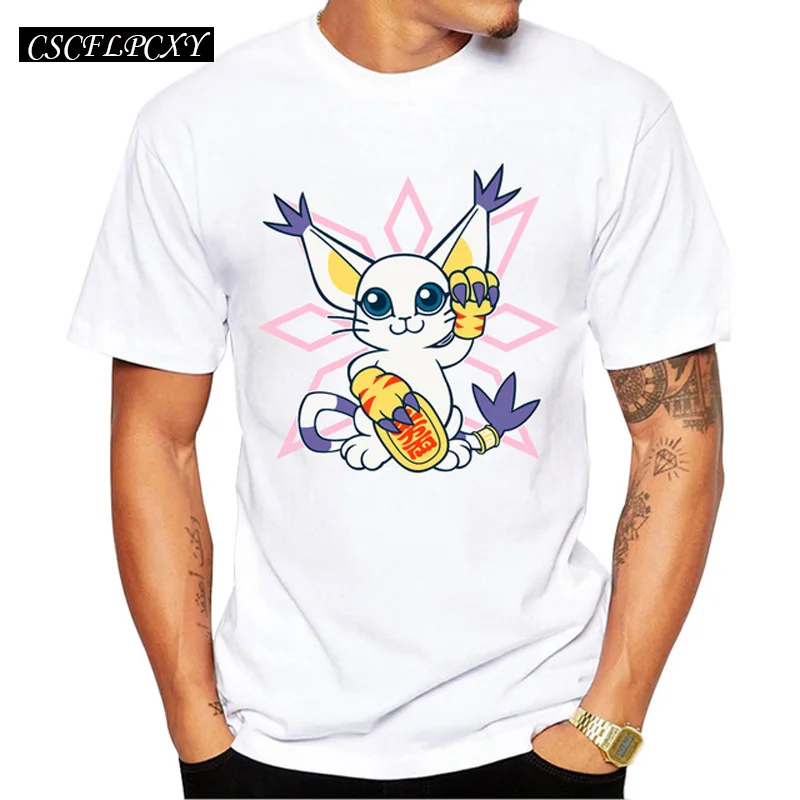 CSCFLPCXY Новинка 2017 года поступления Lucky Gatomon печатных Для мужчин футболка короткий