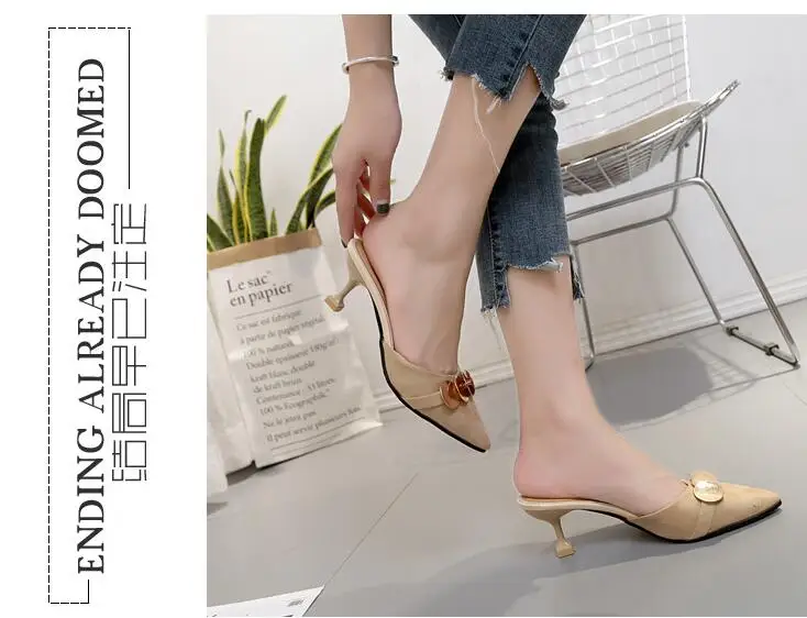 Модные летние шлепанцы ярких цветов пикантные на высоком металлическом каблуке