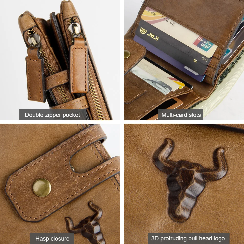Men Wallet Genuine Leather Crazy Horse Double Zipper Case Brand RFID Credit Card Holder Male Key Coin Purse Clutch Money Bag | Багаж и