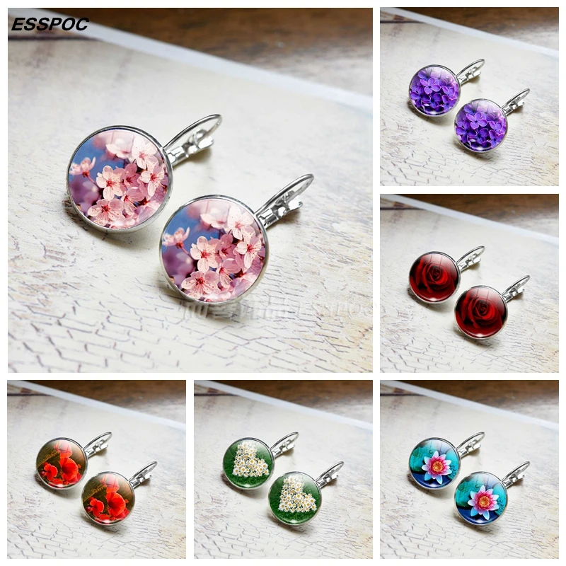 

Sakura Hoop Earrings Flowers Glass Cabochon Plated Hook Earrings Poppy Daisy Rose Jewelry Fashion Earrings for Women