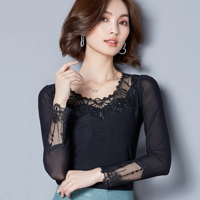 2017 Весна Осень Топы Сетка кружевная блузка рубашка женская сексуальная рубашки