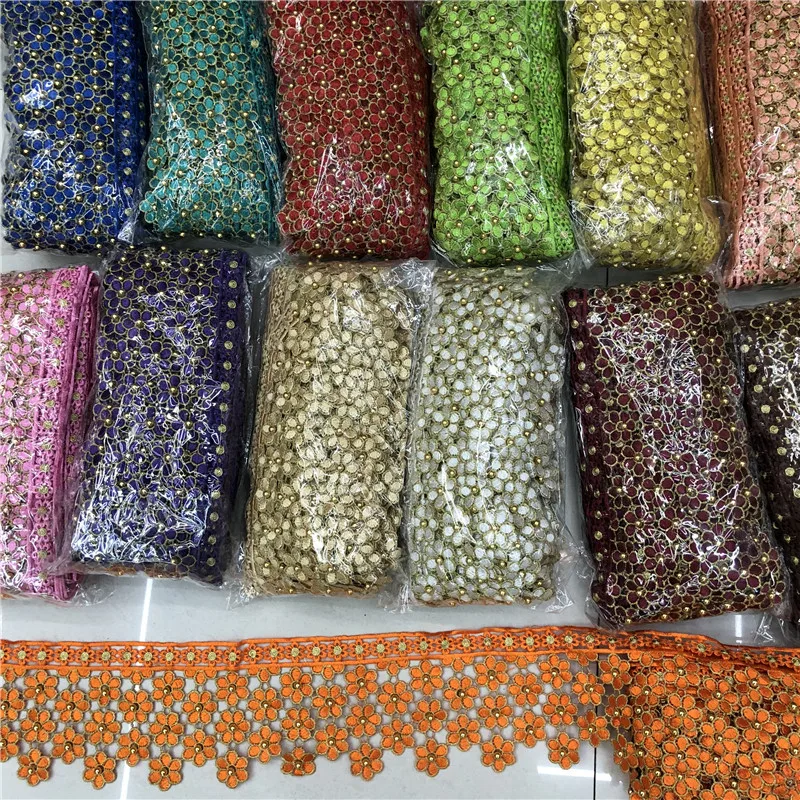 10 ярдов золотой и черный вышитый бисером металлик мотив кружева Нигерия Венеция