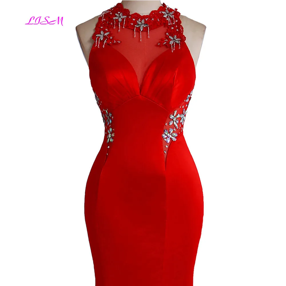 Red Mermaid Long Evening Dress Real Photos Halter Sleeveless Beaded Prom Party Dresses Sexy Split Open Back Formal Gowns | Свадьбы и