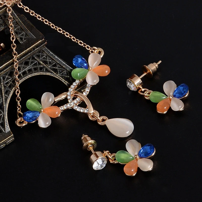 

Chic Girls Fashion Jewelry Women Color Cat Eyes Stone Rhinestone Water Drop Flowers Shape Pendant Necklace Earrings Jewelry Set