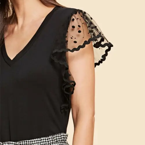 

Women Lace Sheer See Through Sleeve Shirt Ladies Short Sleeve Tops Blouse Size