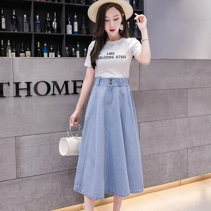 2018 Высокая Талия кнопка карман длинные плиссированные Джинсовые юбки Для женщин