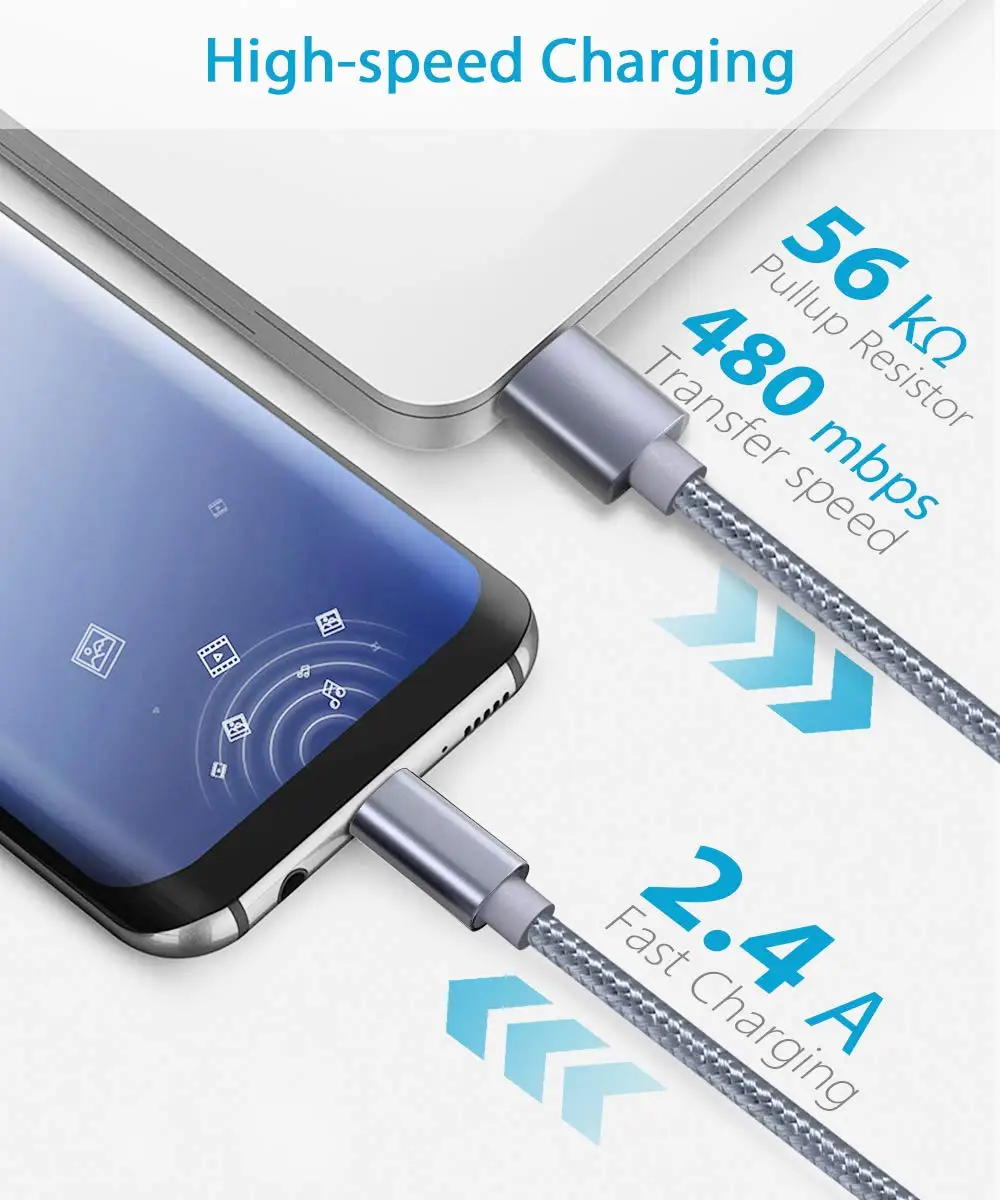 Кабель зарядного устройства USB Type C с нейлоновой оплеткой для быстрой зарядки и