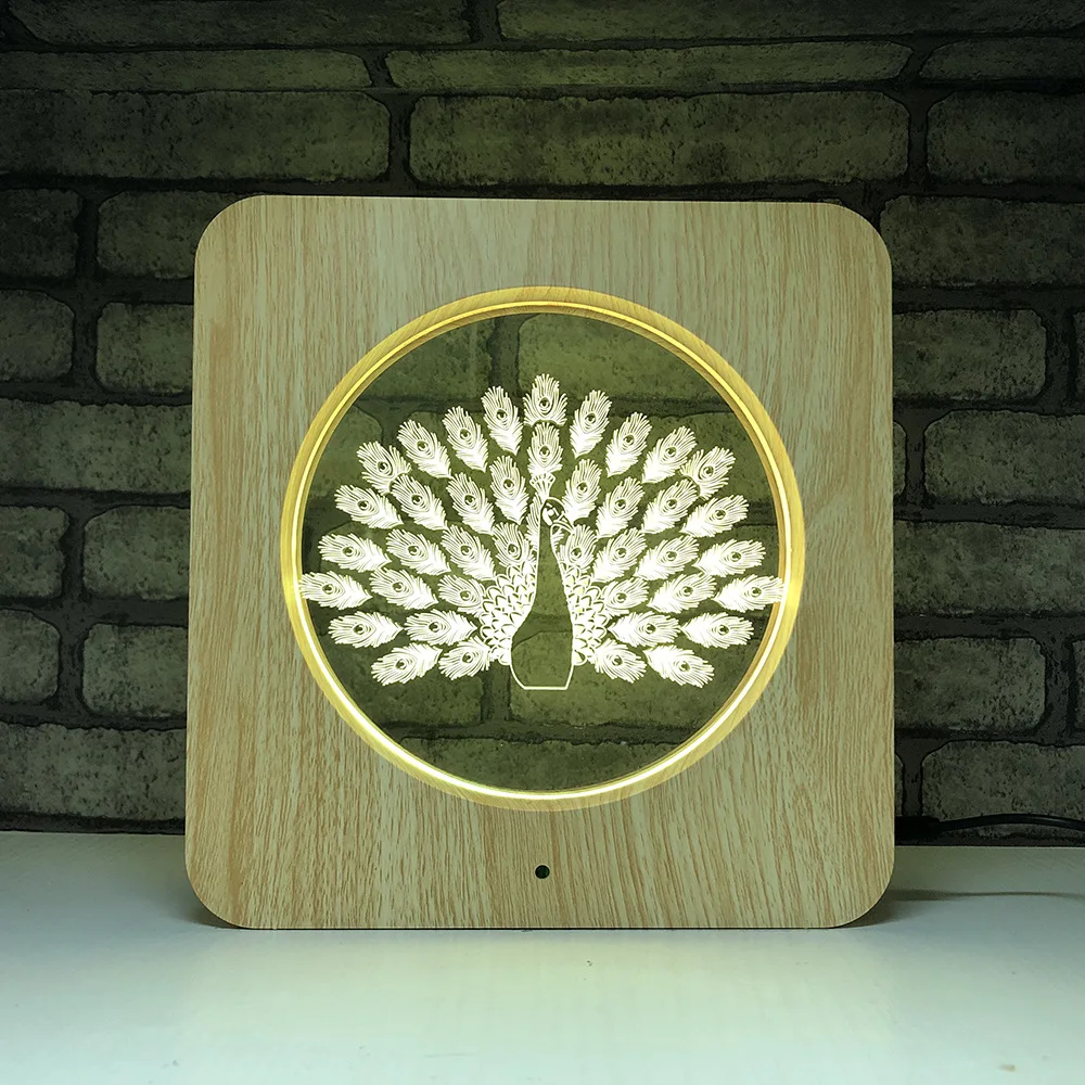 

New Wooden Peacork 3D LED RGB Night Light 7 Color Change Desk Light Action Figures 538 Boys Girls Christmas Toys