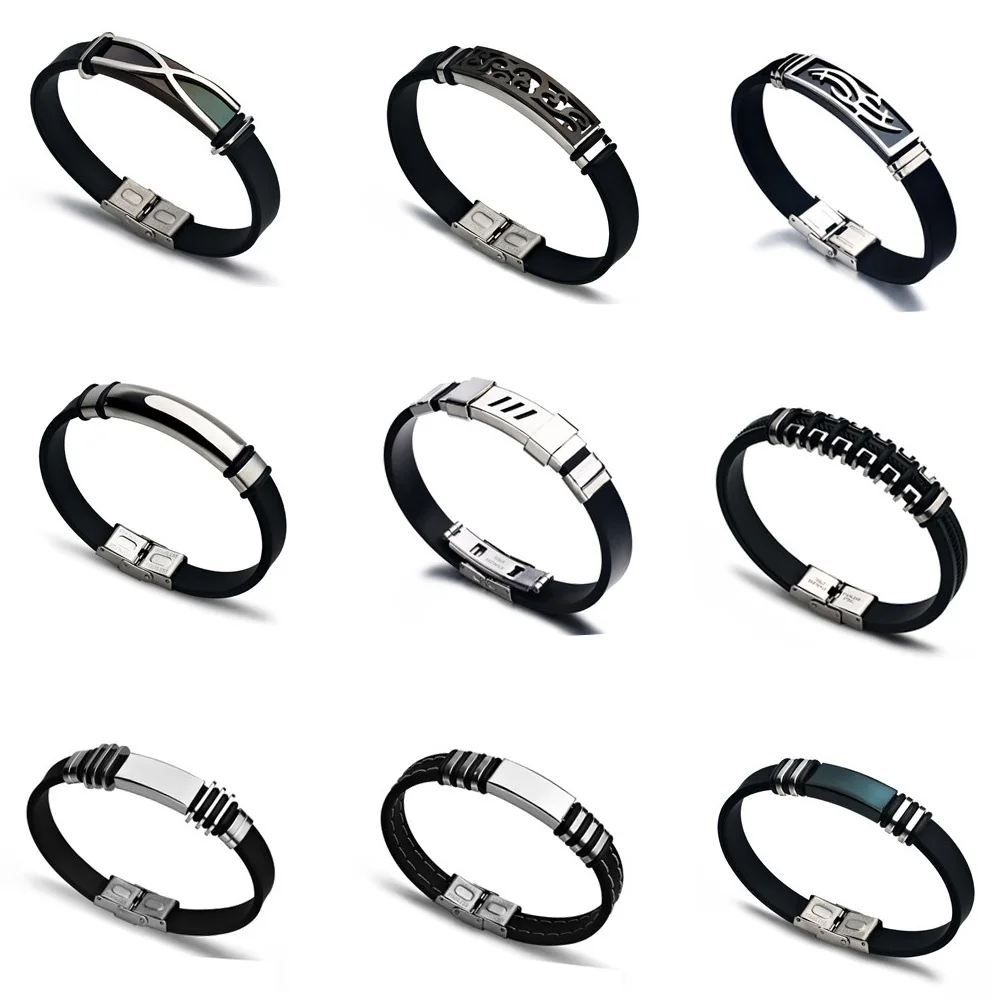 

2022 Charm Jewelry Vintage Black Silicone Cuff Bracelet Men Simple Stainless Steel Smooth Glossy Bracelet Pulsera Hombre