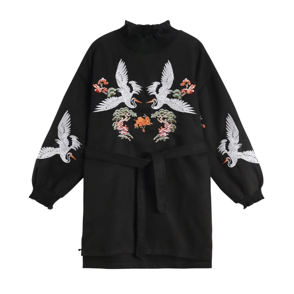 Осень-зима корейский стиль Crane Embroidery утолщение свободные пуловер с длинными