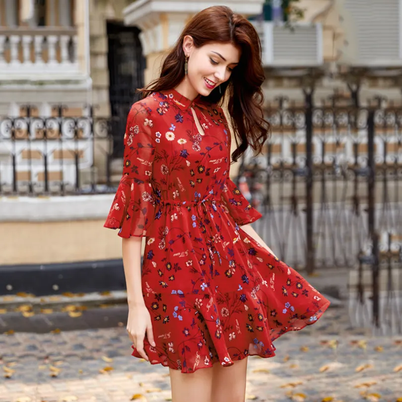 Женское летнее платье 2018 с коротким рукавом и круглым вырезом Повседневная