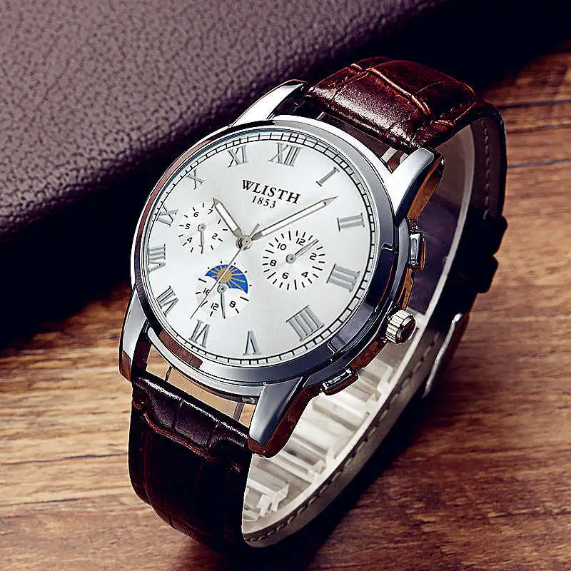 lerther brown white5 WLISTH мужские настольные спортивные светящиеся водонепроницаемые наручные часы для отдыха, мужские кожаные кварцевые часы Rolex_watch - Цвет: lerther brown white5