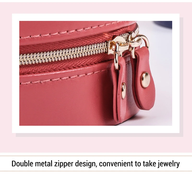 Portable Round Jewelry Box Travel Zipper PU Leather Jewellery Packaging Display Organizer Gift Box Earring Storage Carrying Case
