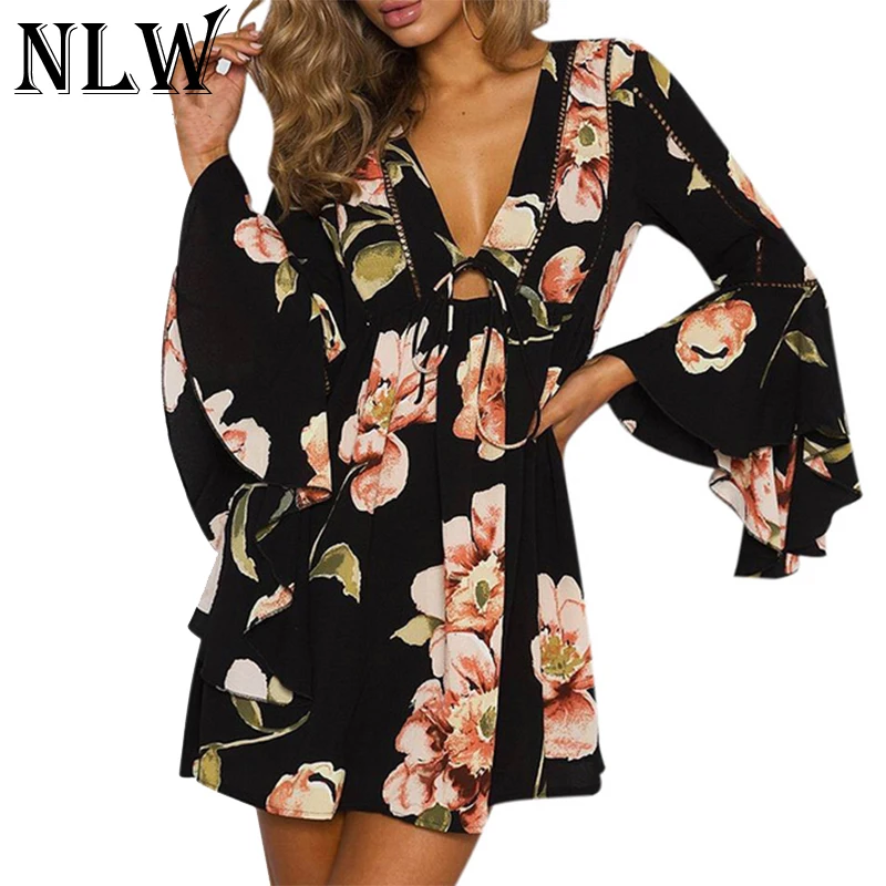 NLW Boho глубокий v-образный вырез выдолбленный платье для женщин длинный