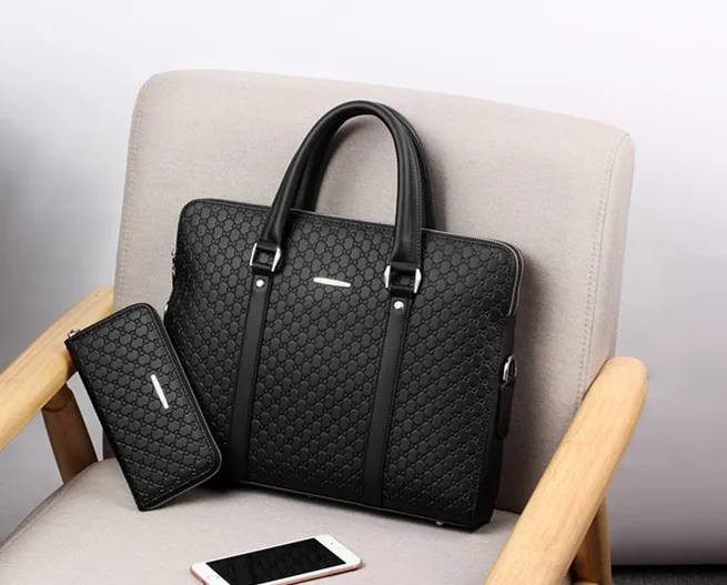 Black with Wallet Двухслойный мужской бизнес-портфель из микрофибры и искусственной кожи, Повседневная сумка через плечо, сумка-мессенджер, сумка для ноутбука, дорожная сумка - Цвет: Black with Wallet