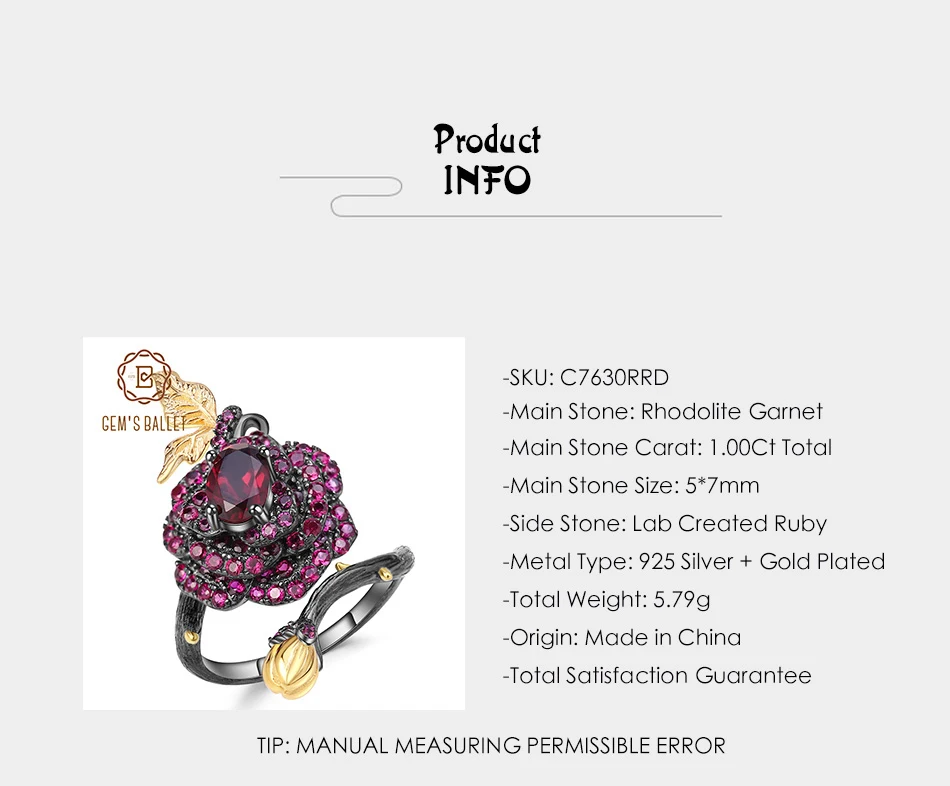GEM'S BALLET 1.00Ct натуральный родолит гранат цветок розы Открытое кольцо 925 пробы Серебряное регулируемое кольцо ручной работы для женщин Bijoux