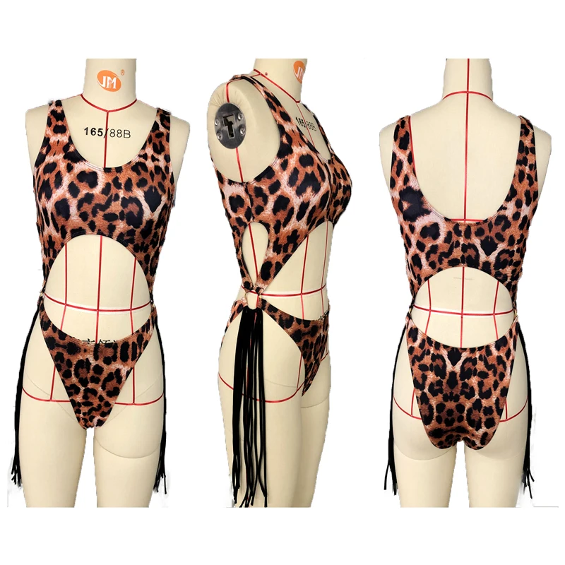 

Swimwear Women 2021 Leopard Stitching Bikini One-piece Swimsuit Sexy Back Tassel One Piece Swimsuit Push Up Femme Swimwear