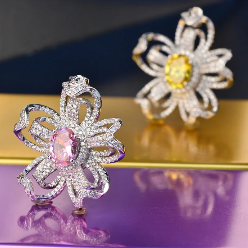 

Amazing Shiny Flower YellowCitrine Pink Kunzite925 Sterling Silver Color Beautiful Women Girls Pendant Necklace HERN0086