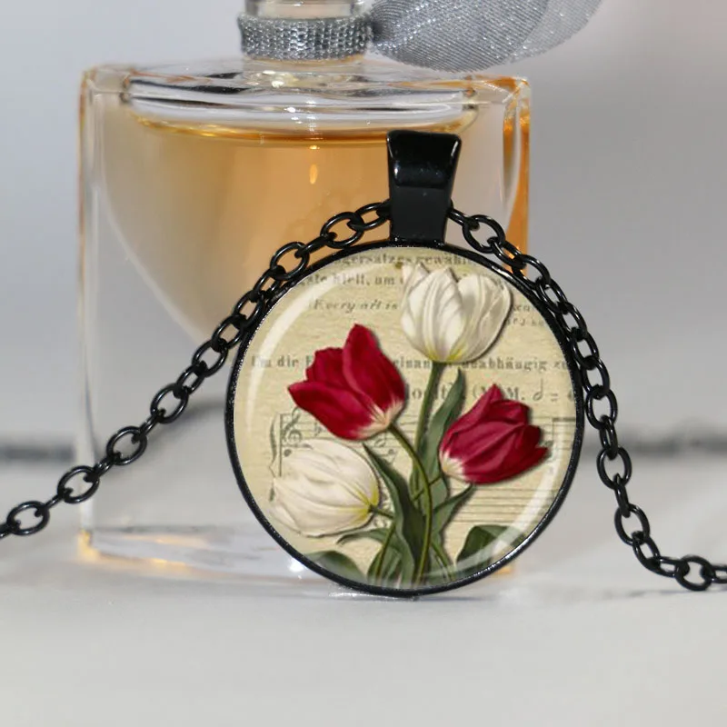 Новый красный и белый тюльпан ожерелье Весна цветочный кулон искусство