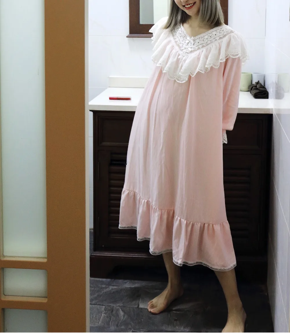 Женская ночная рубашка принцессы в стиле Лолиты с v-образным вырезом, винтажное розовое платье для сна, кружевные ночные рубашки. Ночная рубашка в викторианском стиле с оборками, домашняя одежда для сна