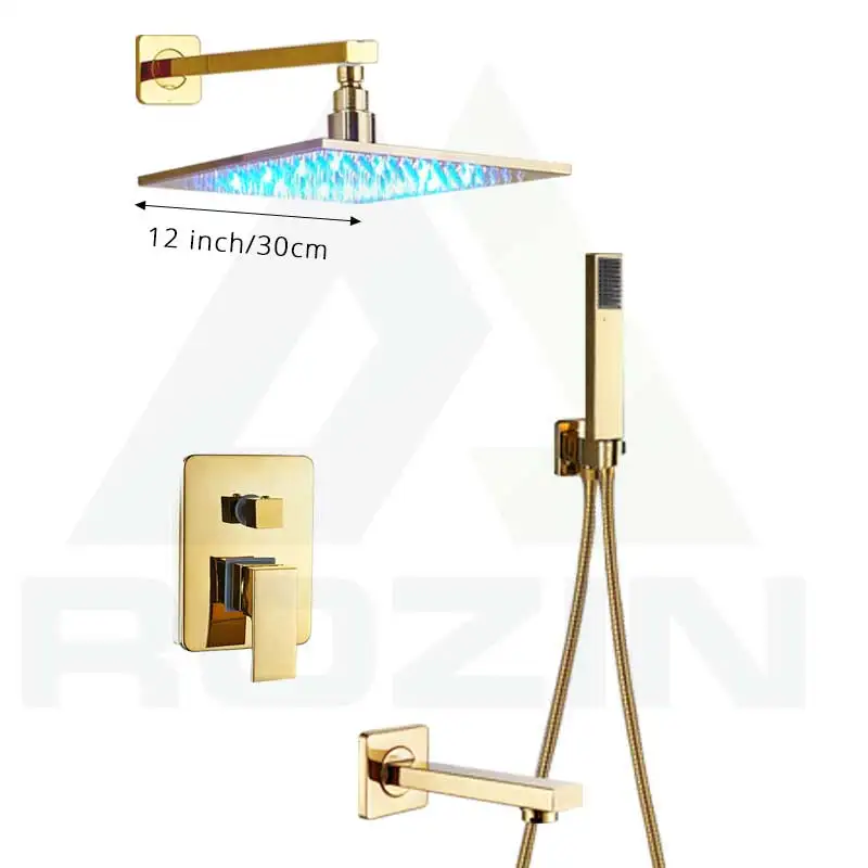 12 inch shower head Светодиодный светильник, Золотой смеситель для душа с одной ручкой, смеситель для душа с латунным носиком для ванны, светодиодный душевой кран для ванной - Цвет: 12 inch shower head