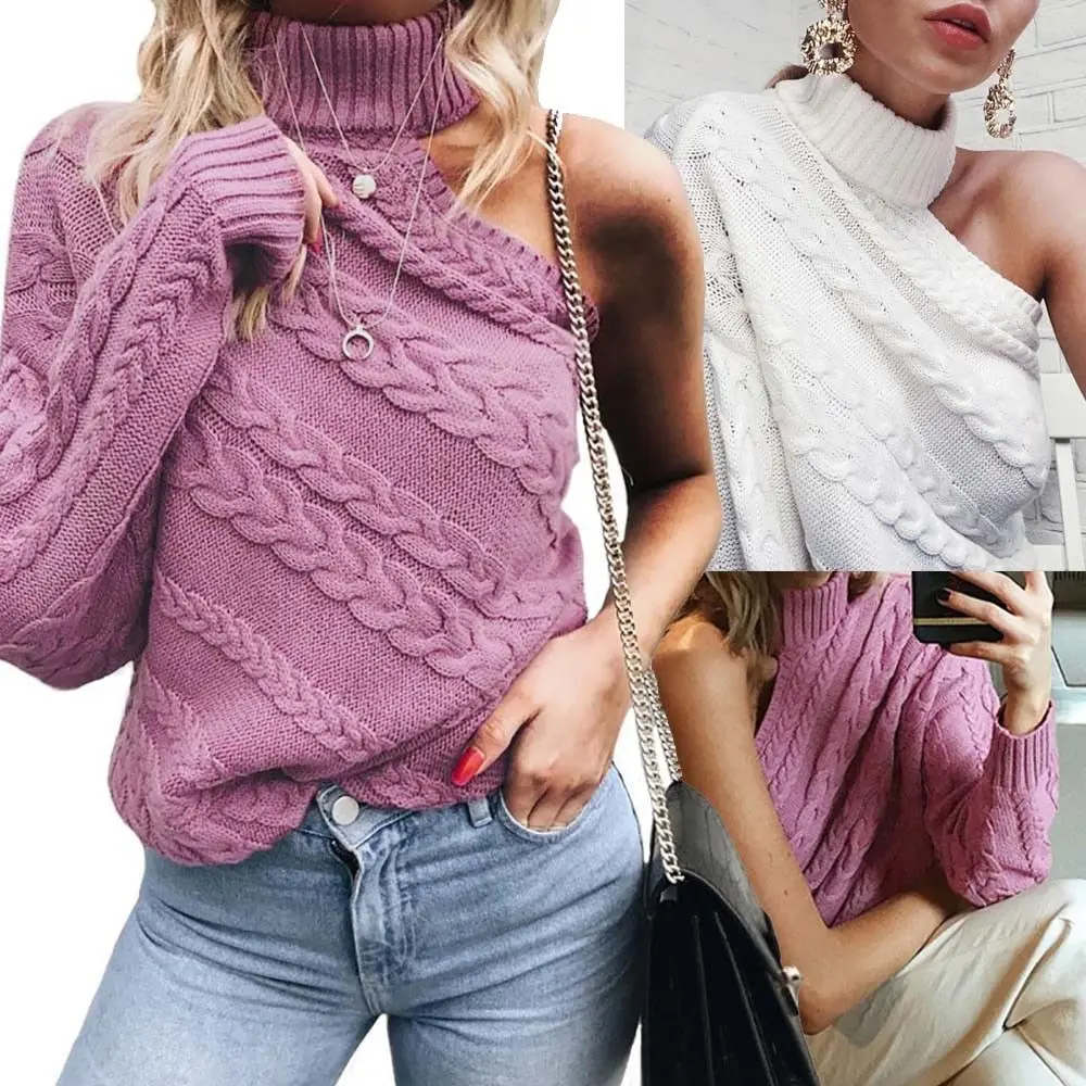 Women Knitted Sweater One Shoulder Turtleneck Pullover Tops Solid Color High Neck Sweaters Cold Knitwear Female Outwear | Женская одежда