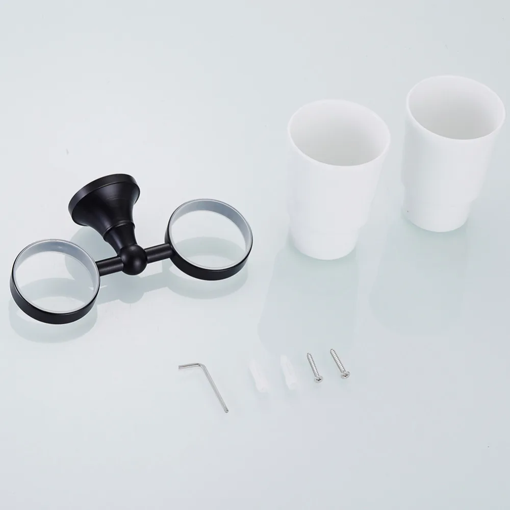 Leyden Oil Rubbed Bronze Brass Black Toothbrush Holder With Double Ceramic Cups Holders Wall Mounted Bathroom Accessories Set |