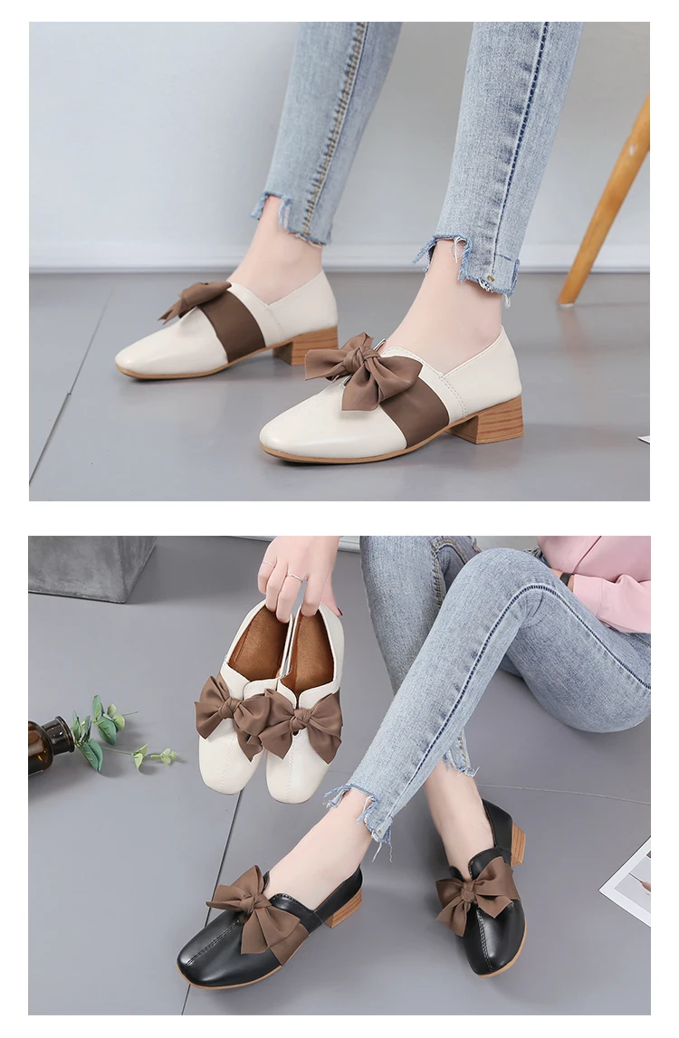Bow Knot Casual Shoes for Women Flats Leather Oxfords Women Shoes Woman Fashion Square Heels Slip on Ladies Shoes Espadrilles