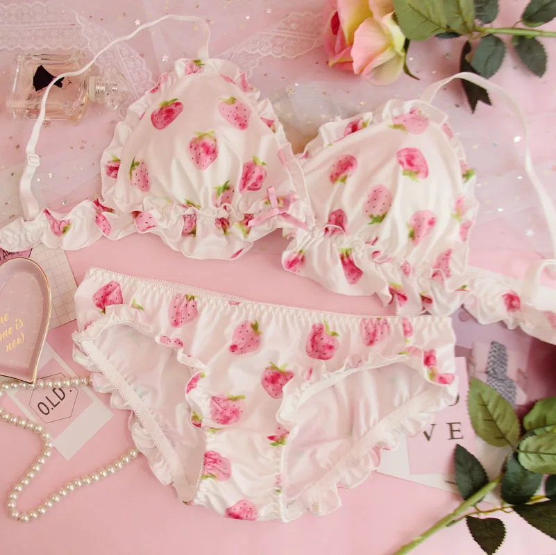 Pink strawberry Японское мягкое милое женское нижнее белье, клубника, сексуальное женское белье, без стального кольца, треугольная чашка, бюстгальтер, тонкий, кошачий, студенческий бюстгальтер - Color: Pink strawberry