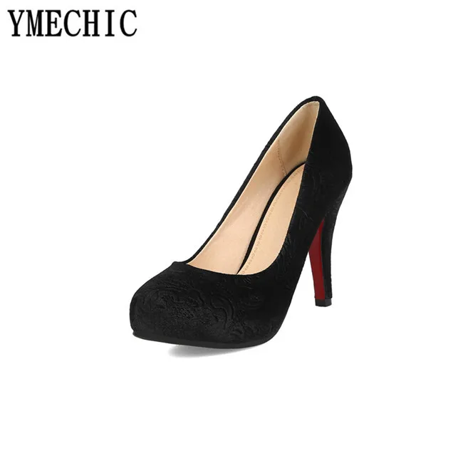 YMECHIC/2018 осенние модные туфли лодочки из флока с рельефным цветком Цвет зеленый