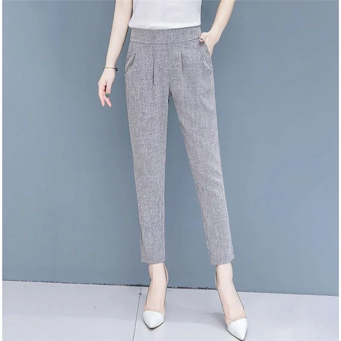 Summer 2019 Office Women Grey Black Ankle Length Linen Harem Pants Female Woman Korea Style Elastic High Waisted 3xl Trousers | Женская
