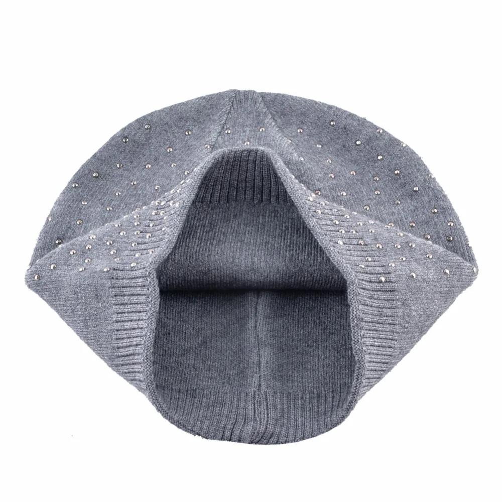 Повседневная Осенняя вязаная шерстяная шапка Skullies, женские шапочки, дамские Стразы, зимние шапки для женщин, тюрбан gorros