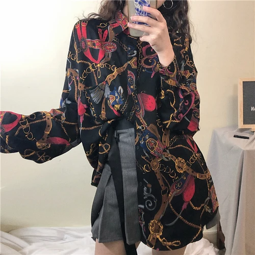 black shirt Korobov Harajuku женская блузка Ulzzang с мультяшным принтом женская рубашка уличная Свободная Повседневная с длинным рукавом Mujer Blusas 77284 - Цвет: black shirt