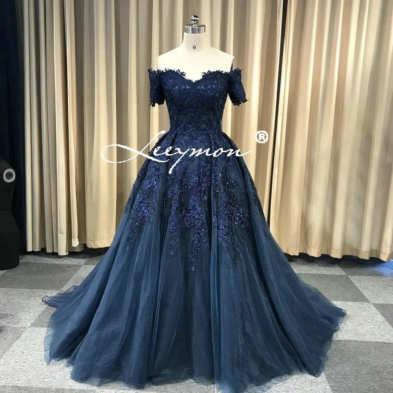 navy blue Фиолетовое Бальное Платье Vestidos de Noiva, кружевное вечернее платье, длинное Тюлевое пышное свадебное платье с открытыми плечами, платья Casamento Mariage - Цвет: navy blue