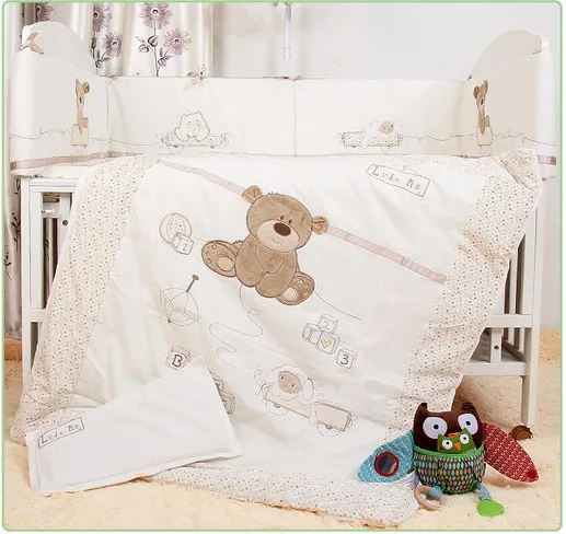 

Promotion! 7PCS Embroidery cot baby bedding set ,crib bedding set ,infant nursery bedding set,(bumpers+duvet+sheet+pillow)