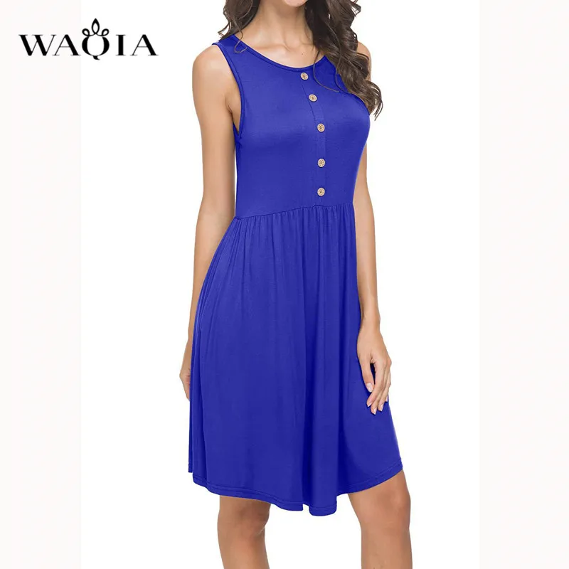 Waqia 2019 летнее платье женское однотонное мини без рукавов Boho короткое пляжное