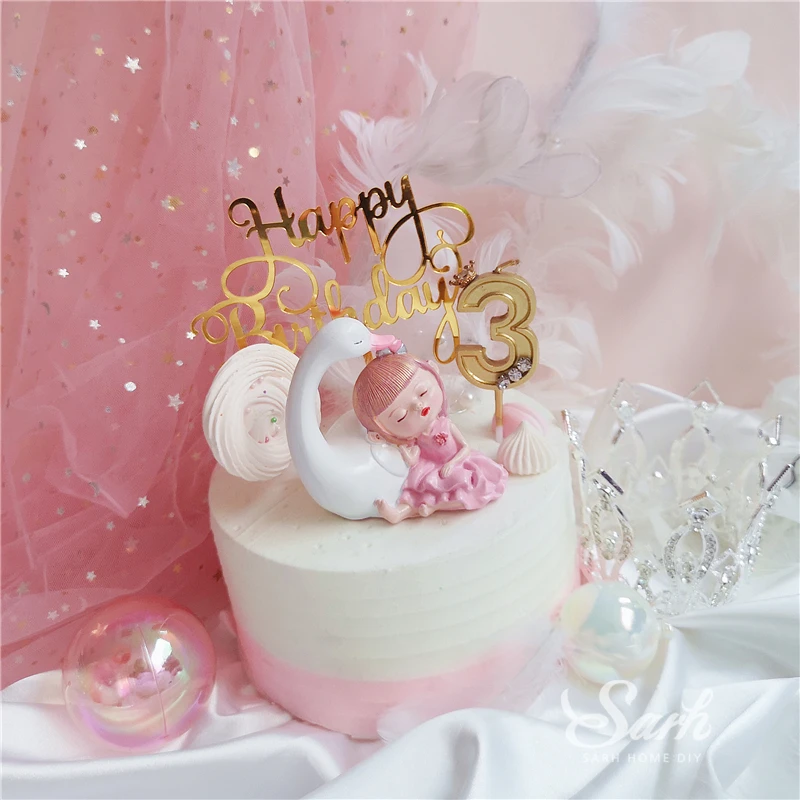 Ins Swan Girl Decorations Diamond Crown Cake Toppers Happy Birthday Children's Day for Party Decoration Lovely Gift | Дом и сад