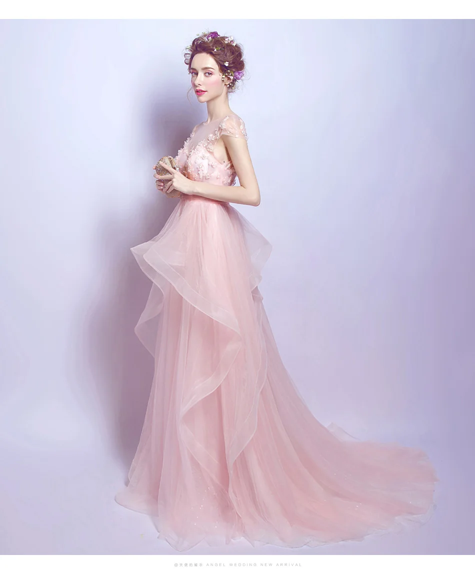 Женское вечернее платье со шлейфом розовое элегантное Прозрачное с рукавами