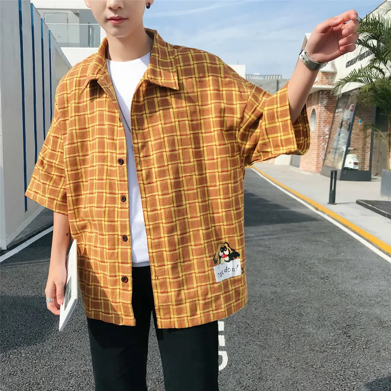 2018 Summer New Pattern Cartoon Cat Printing Fivepence Sleeve In Lattice Shirt camisa masculina cotton loose yellow white S-XL | Мужская