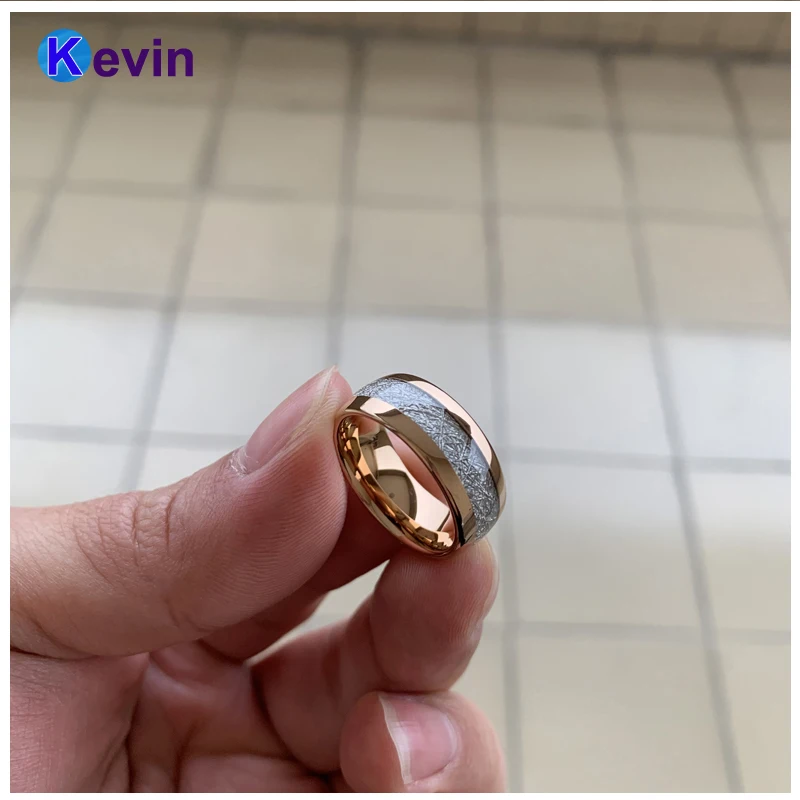 Розовое золото женские мужские Weding Band вольфрамовое кольцо купольная полоса белый метеорит инкрустация