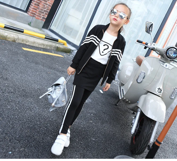 Новая Осень детские Наборы платье + пальто брюки 3pic наборы Девушка Комплект