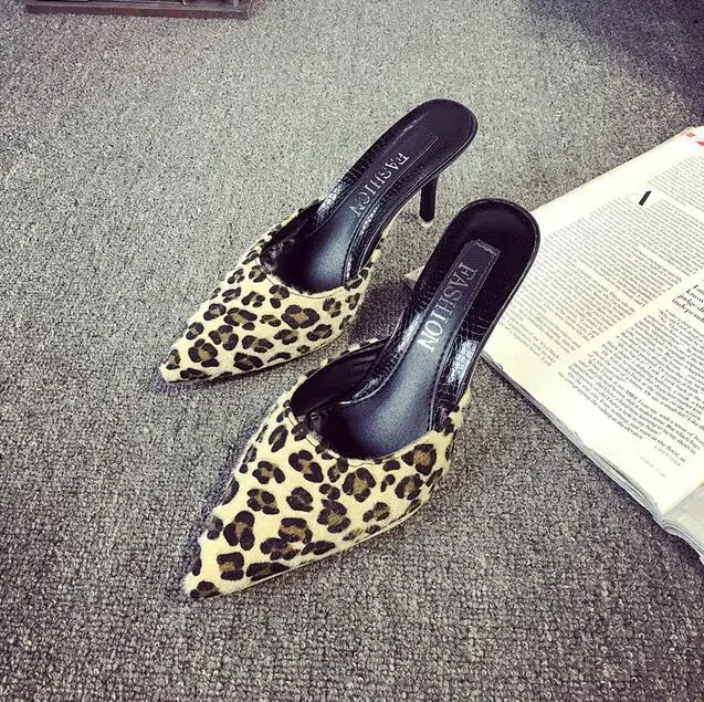 brown leopard print Женская Повседневная обувь; Babouche; обувь с острым носком на высоком каблуке; тапочки на шпильке; лоферы; шлепанцы на шпильке; обувь без задника - Цвет: brown leopard print