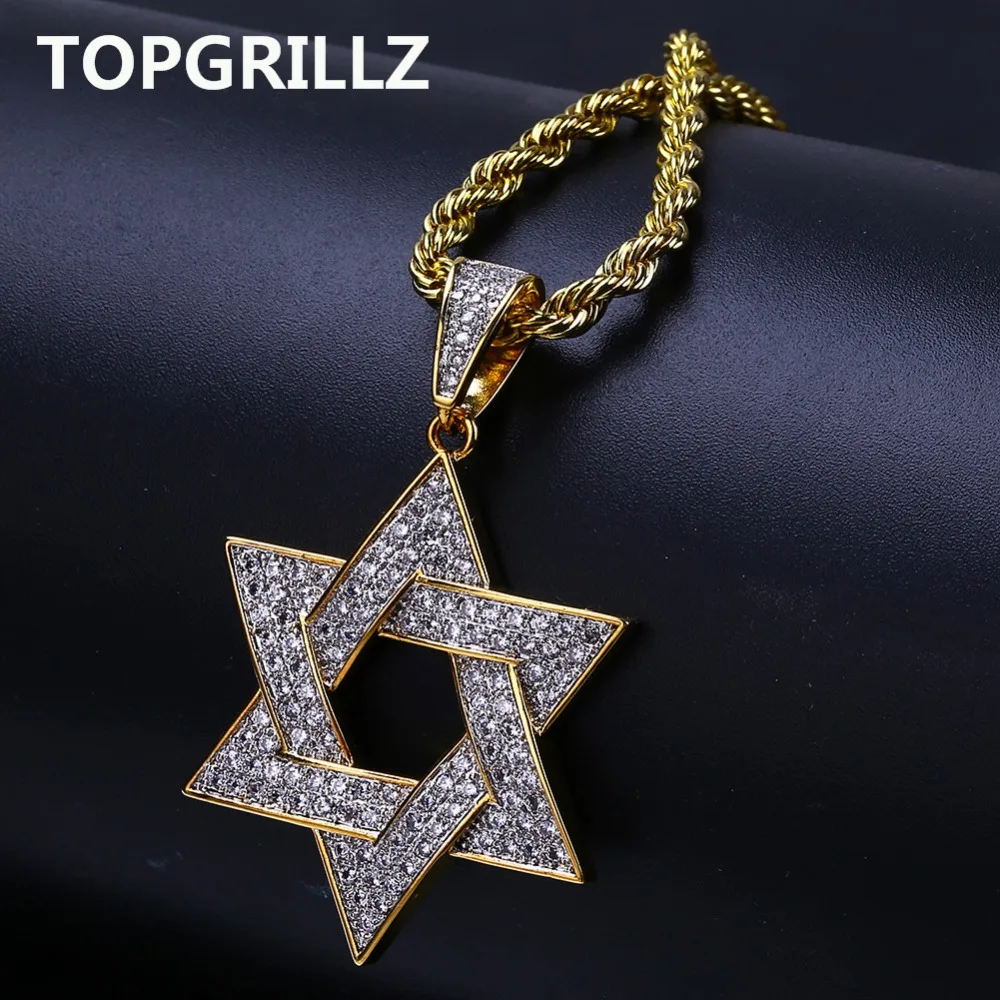 TOPGRILLZ хип-хоп мужское позолоченное ожерелье с микро проложенным льдом CZ камень Звезда Давида, кулон ожерелье s с веревкой цепи
