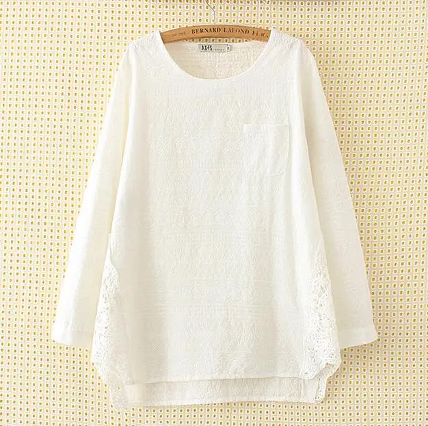 Blusas Для женщин полный хлопок черный большие размеры Футболки цветочной вышивкой длинные рукава открытые белые 3XL 6XL свободные топы тройники рубашки футболки женские - Цвет: Белый