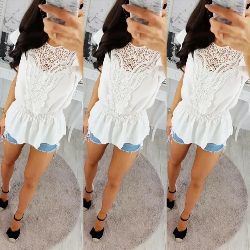 Летние Новые Модные женские свободные топы с коротким рукавом Блузка Ажурные