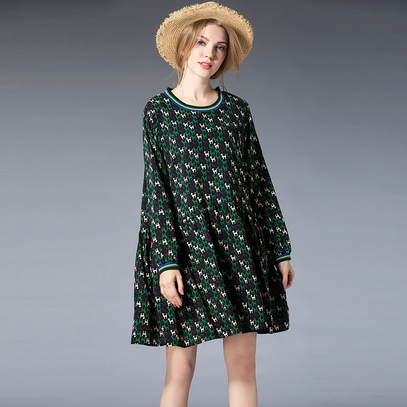 

Autumn new plus size Womens Elegant mini dresses half sleeve print casual loose Fashion crew neck high waist Largest size dress