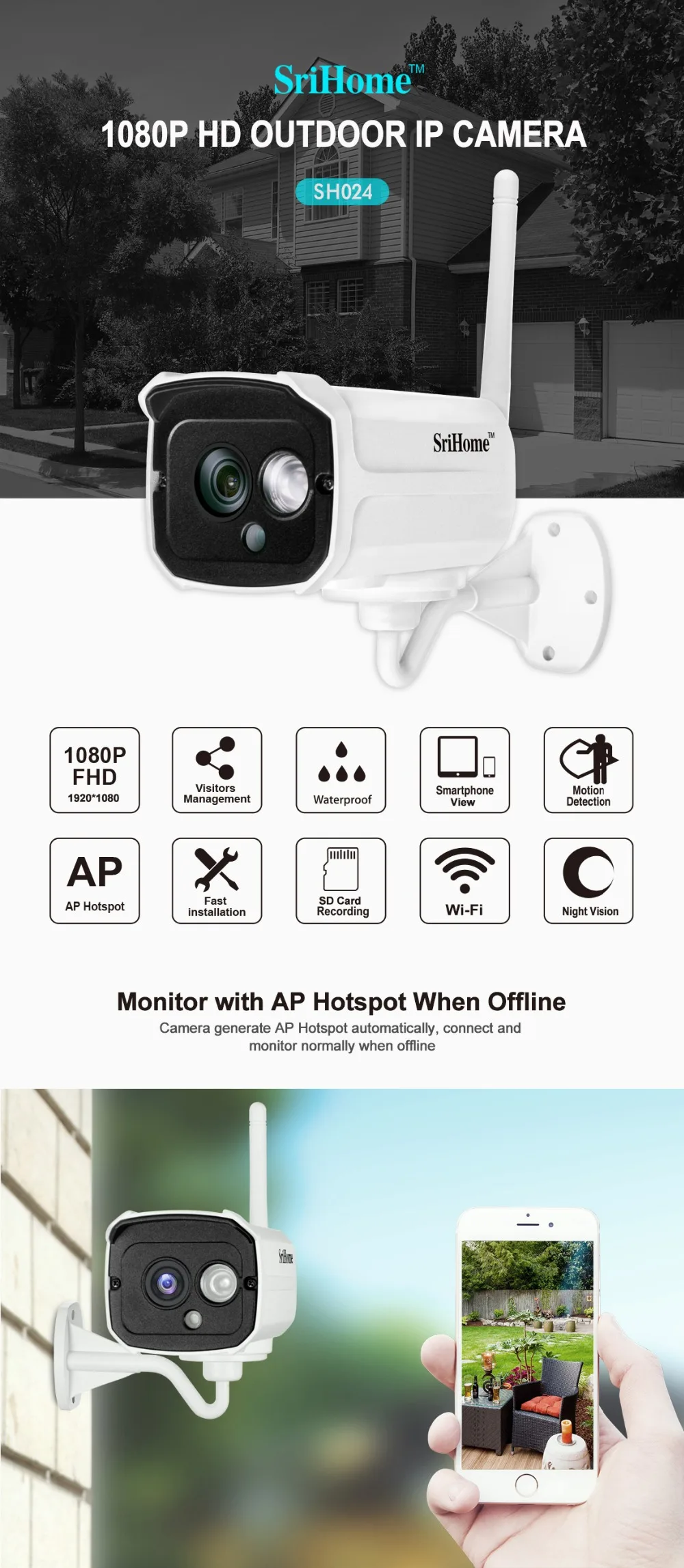 Sricam SH024 1080P беспроводная Wi-Fi ip-камера 2.0MP CCTV камера безопасности для улицы Водонепроницаемая камера ночного видения SriHome слот для SDCard