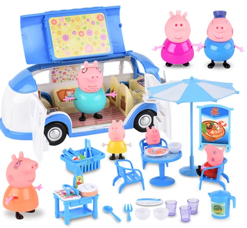 RV And Family 6 PCS Оригинальная Свинка Пеппа мобильный медицинский центр классная сцена Фигурки игрушки Пеппа Джордж стол стул сумка для хранения детская игрушка подарок - Цвет: RV And Family 6 PCS