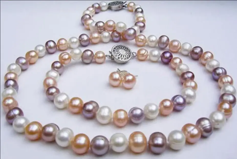 

Genuine 9-10mm Natural Multicolor Akoya Cultured Pearl Necklace Bracelet Earrings set